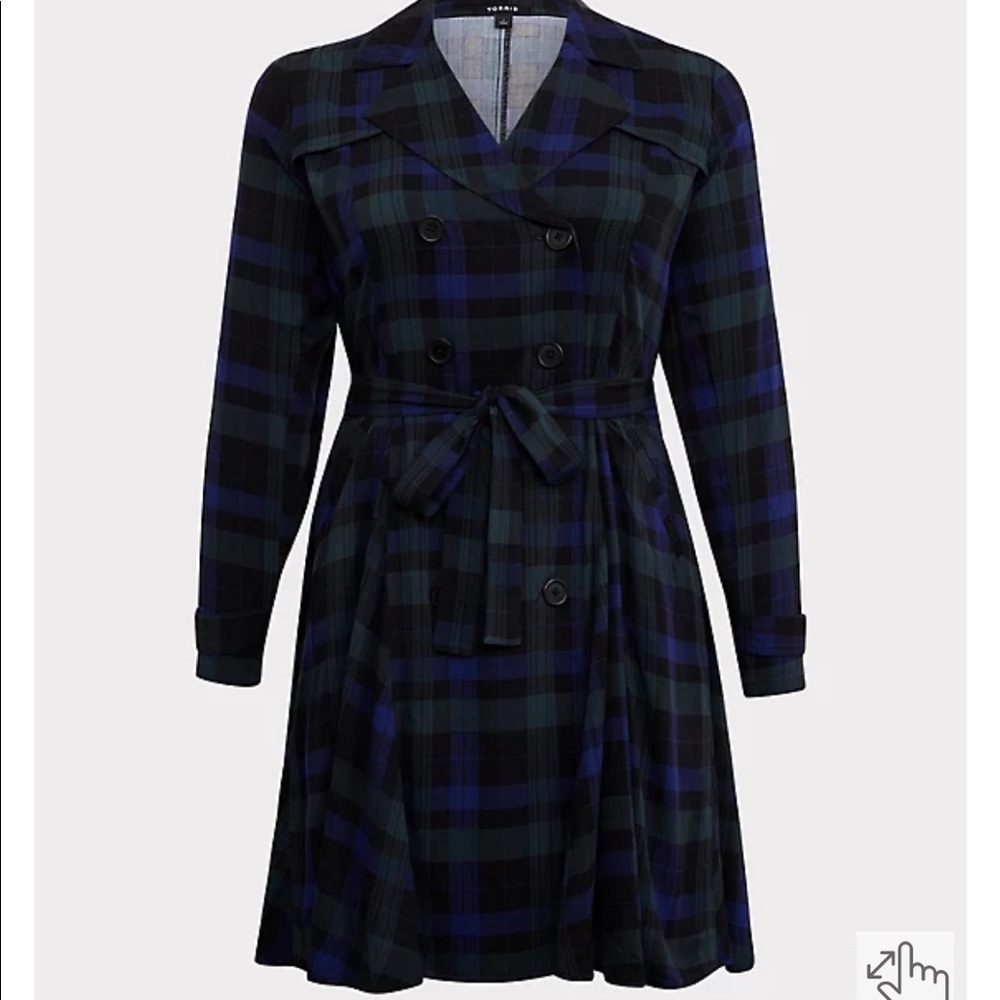 Torrid 🧥 BLUE & GREEN PLAID TWILL FIT & FLARE TRENCH COAT